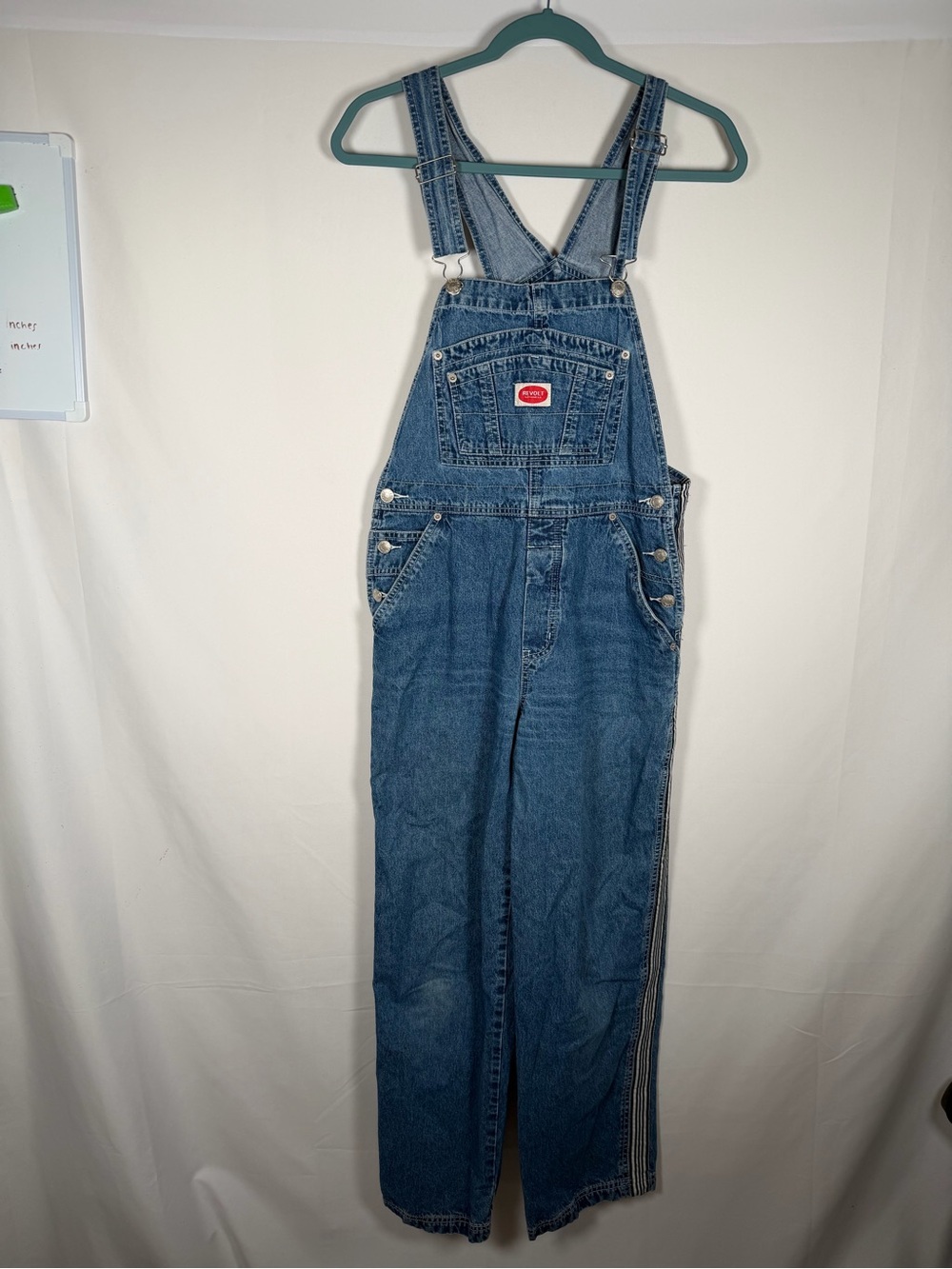 Revolt Blue Denim Wide Leg Overalls Jumpsuit, Side Stripe, Workwear, Gardening